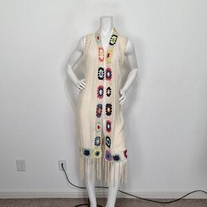 Kontrol Boho Hippie Western Crochet Granny Square Trim Long Vest W/Fringe Size M